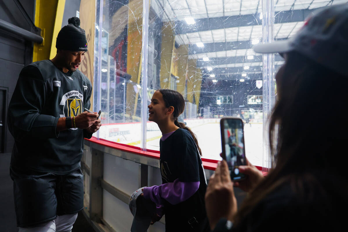 Golden Knights right wing Keegan Kolesar meets with members of Adam’s Place during a pra ...