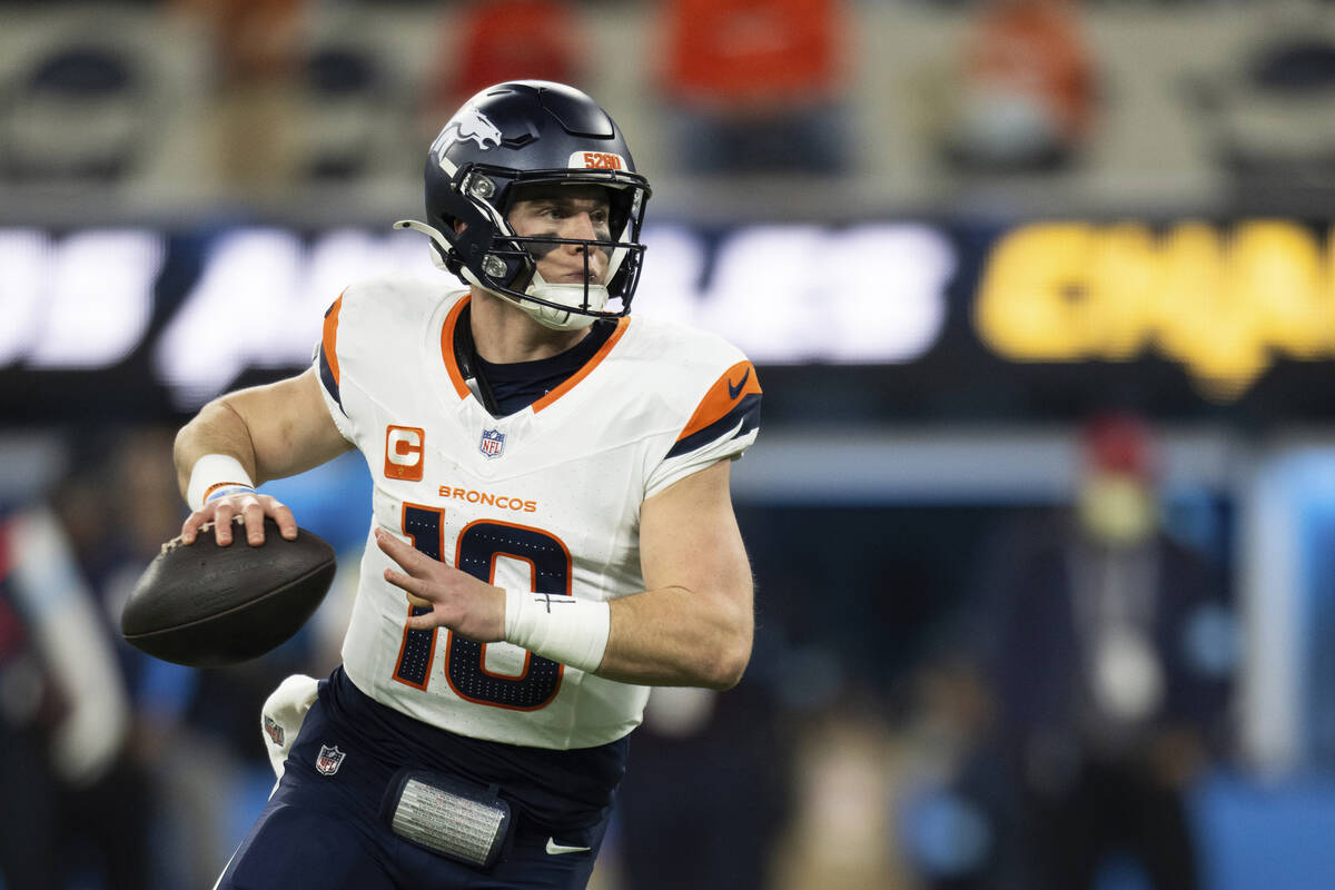 Denver Broncos quarterback Bo Nix (10) throws a pass during an NFL football game against the Lo ...