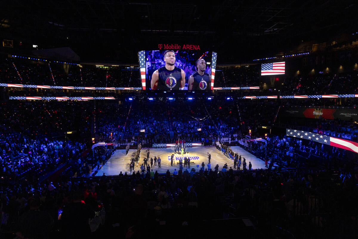 The national anthem is sung before the NBA Cup tournament championship basketball game between ...