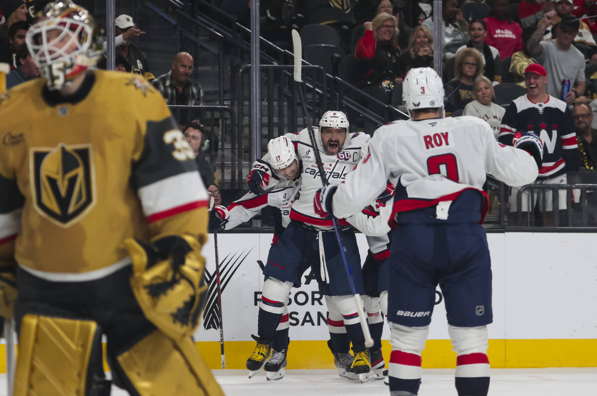 Washington Capitals left wing Alex Ovechkin (8) reacts after his goal against the Golden Knight ...