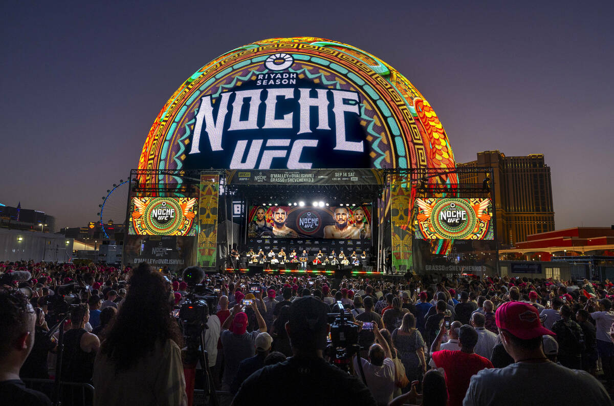 Fighters take questions during the UFC 306 press conference at the Sphere on Thursday, Sept. 12 ...