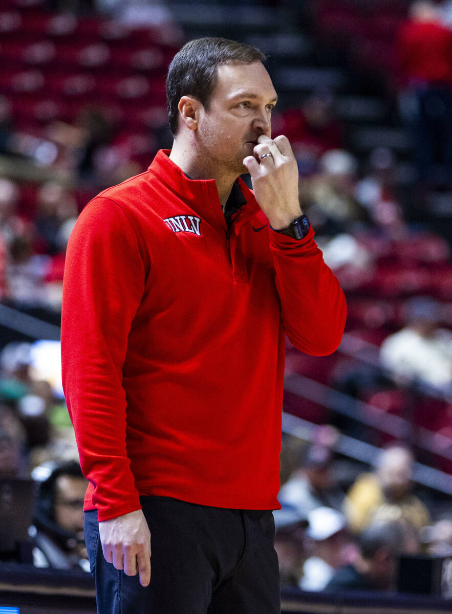 UNLV head coach Kevin Kruger nervously watches his players as the game tightens against the Fre ...