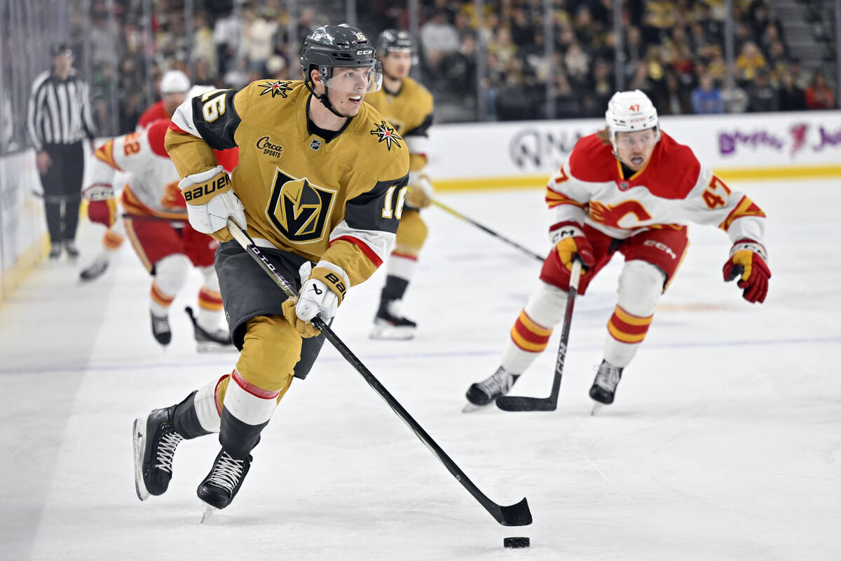 Vegas Golden Knights left wing Pavel Dorofeyev (16) handles the puck against the Calgary Flames ...