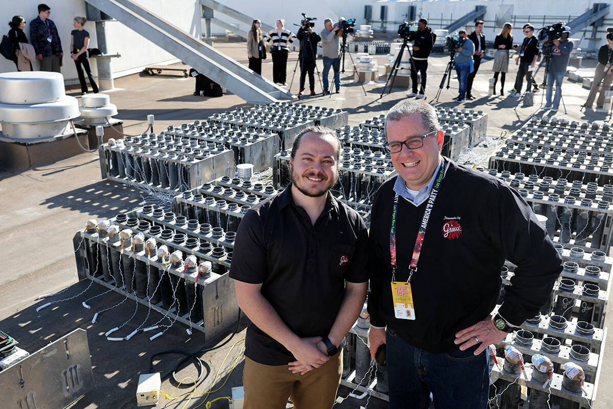 Fireworks by Grucci Quality Engineer Chris Grucci, left, and Operations Manager Corey Grucci po ...