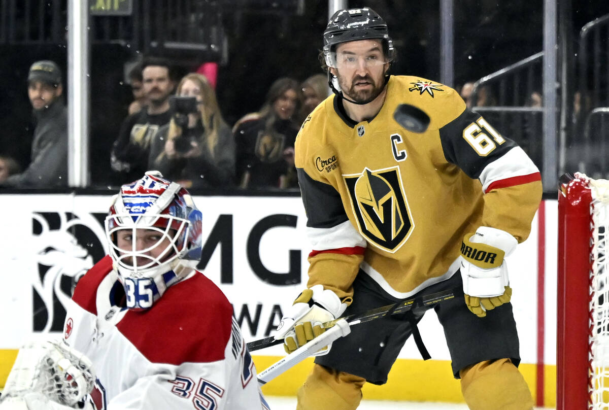 Vegas Golden Knights right wing Mark Stone (61) watches the puck fly by the goal as Montreal Ca ...