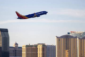 A Southwest Airlines flight leaves from Harry Reid International Airport, Tuesday, Nov. 19, 202 ...