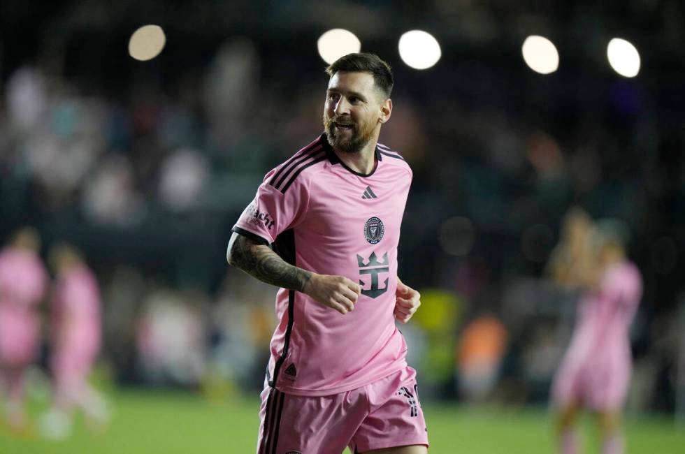 Inter Miami forward Lionel Messi reacts after scoring a goal during the second half of an MLS s ...