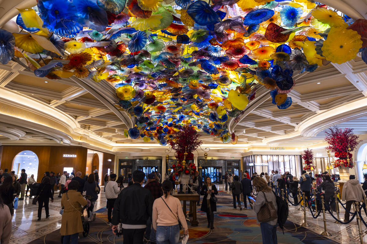 A sculpture by Dale Chihuly is seen above the registration area at the Bellagio on Thursday, De ...