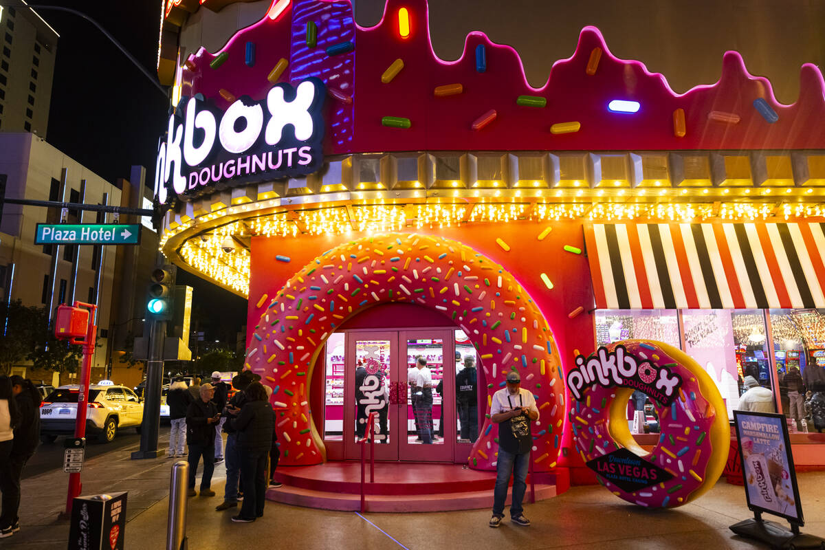 An exterior view of Pinkbox Doughnuts at the Plaza on Wednesday, Dec. 11, 2024, in Las Vegas. ( ...