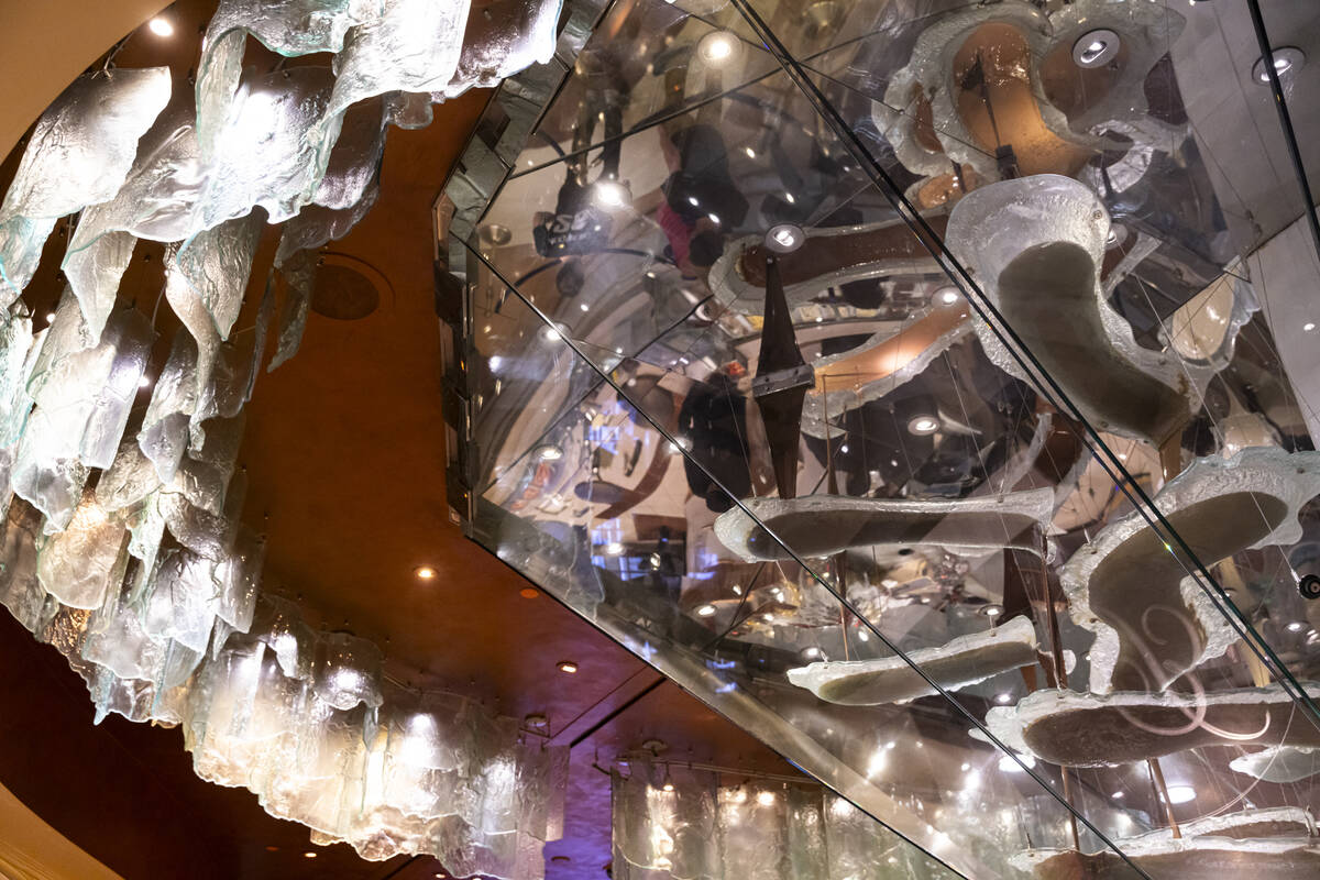 A chocolate fountain pours from the ceiling at the Bellagio on Thursday, Dec. 12, 2024, in Las ...