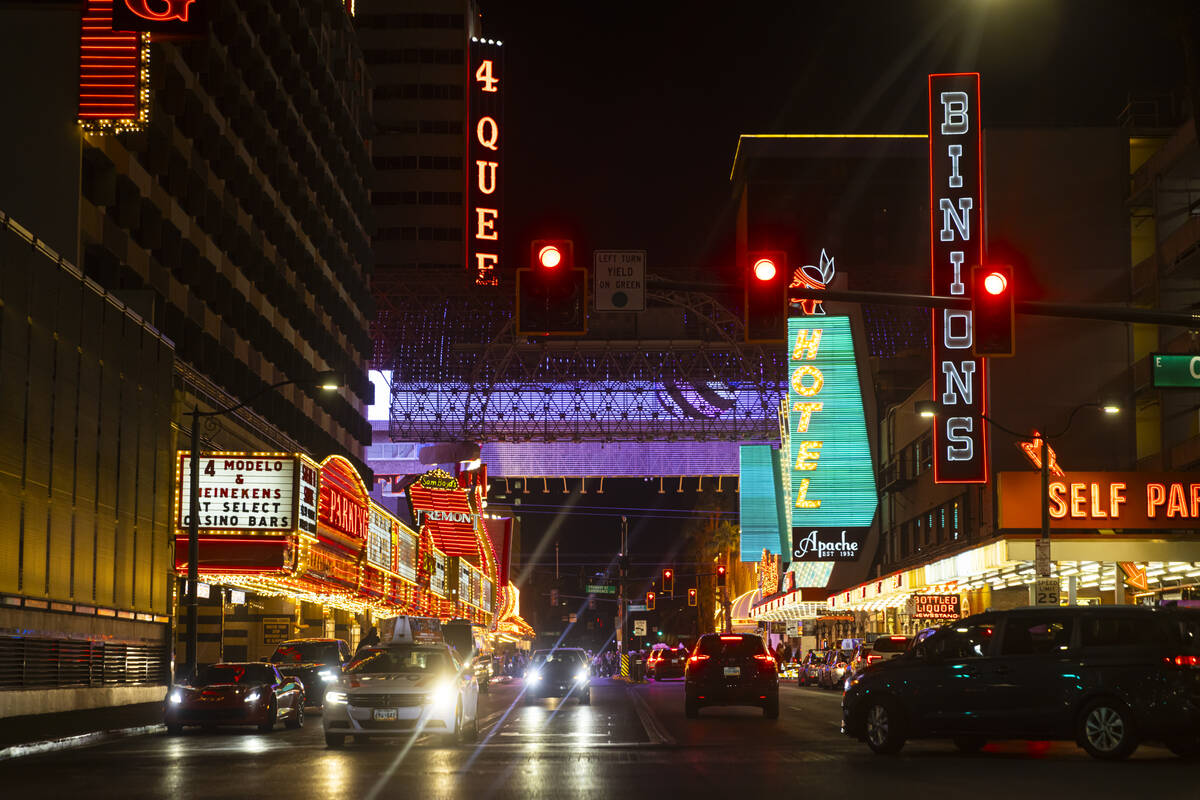 Neon lights and signs along Casino Center Drive on Wednesday, Dec. 11, 2024, in Las Vegas. (Cha ...