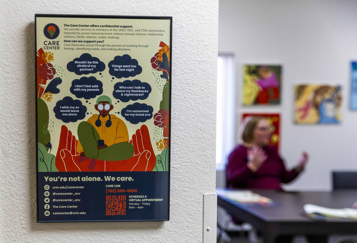 A framed document on the wall explains the many services offered at the UNLV Care Center for st ...