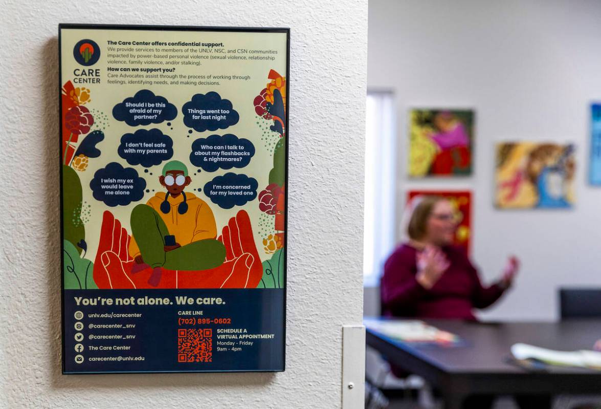 A framed document on the wall explains the many services offered at the UNLV Care Center for st ...