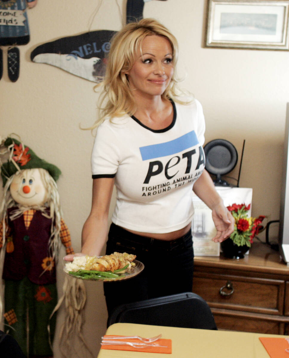 Actress Pamela Anderson serves vegetarian Thanksgiving dinners to needy families during a visit ...