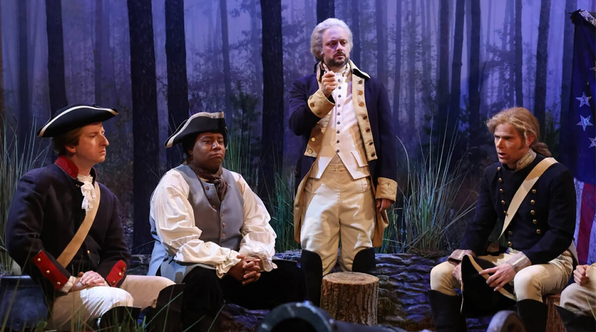 Nate Bargatze's George Washington with, seated from left, James Austin Johnson, Kenan Thompson ...