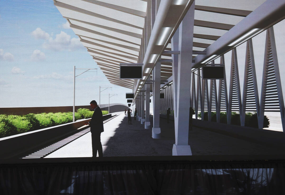 An artist rendering of Brightline West is displayed during the groundbreaking ceremony of Brigh ...