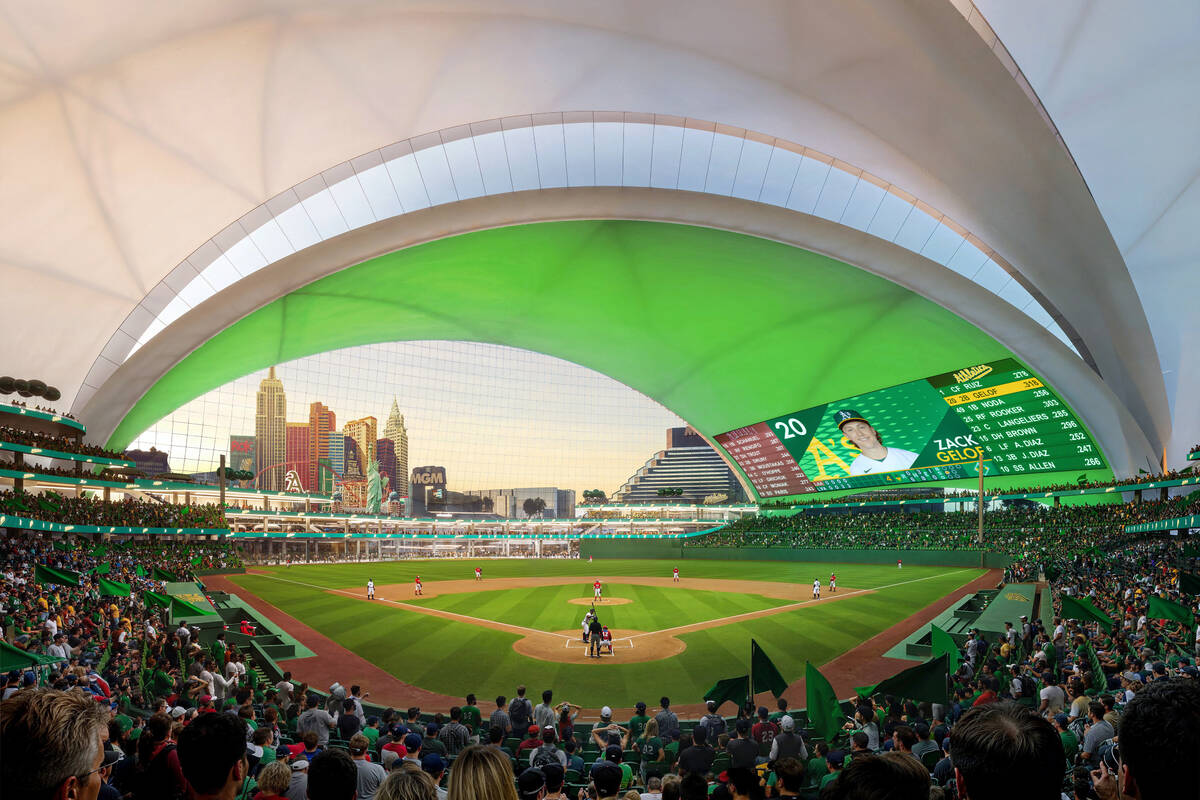 This is an updated artist’s rendering of the proposed baseball stadium for the Athletics to b ...