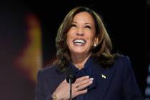 Kamala Harris speaks during the Democratic National Convention Thursday, Aug. 22, 2024, in Chic ...