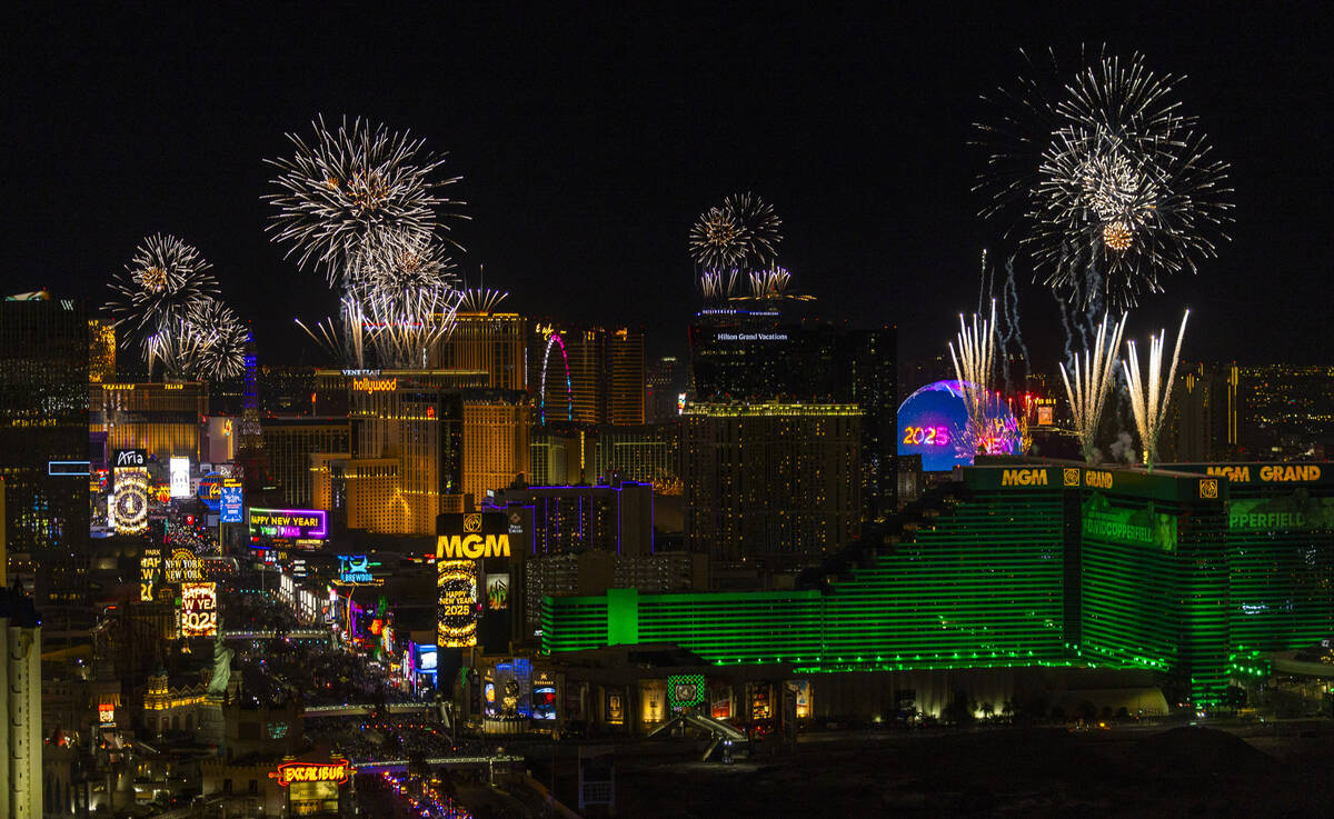 Fireworks erupt over the Strip as part of New Year's Eve celebrations across the city as viewed ...