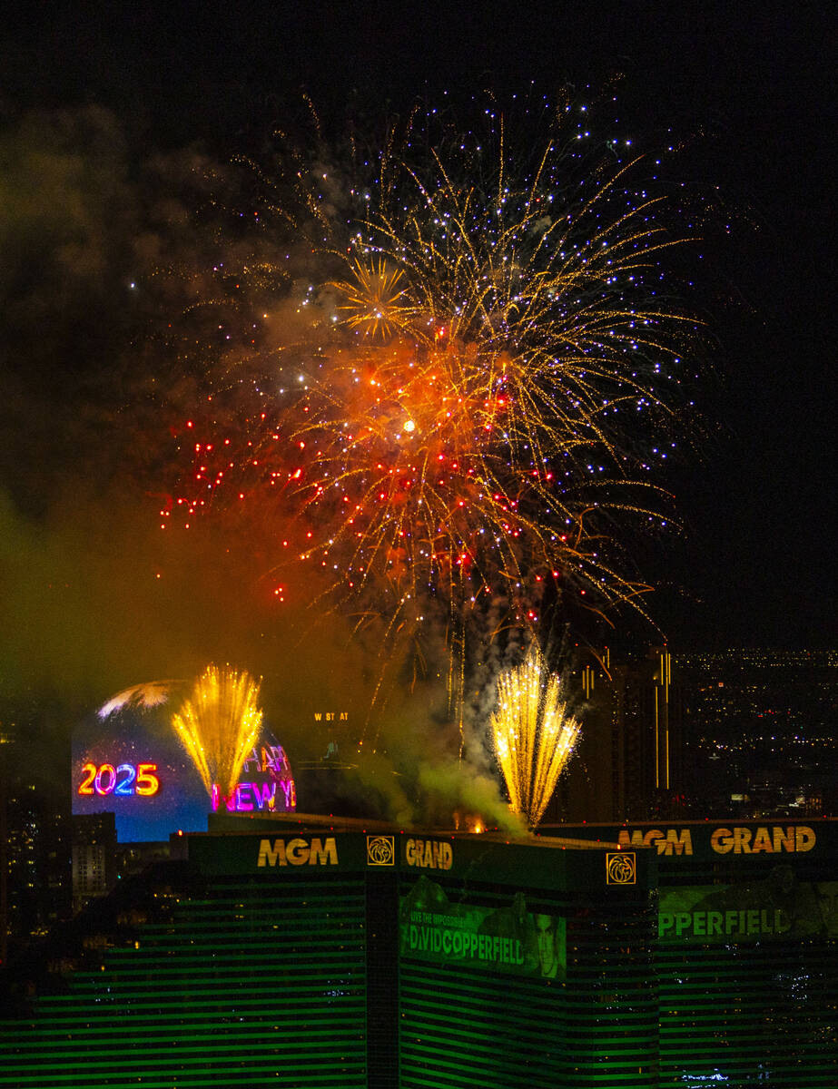 Fireworks erupt over the Strip as part of New Year's Eve celebrations across the city as viewed ...