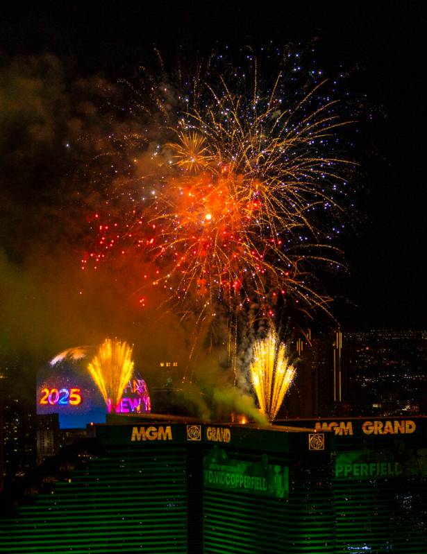 Fireworks erupt over the Strip as part of New Year's Eve celebrations across the city as viewed ...