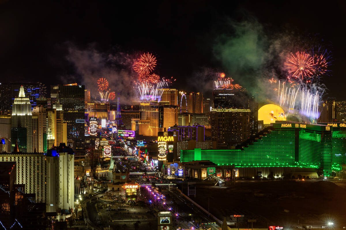 Fireworks erupt over the Strip as part of New Year's Eve celebrations across the city as viewed ...