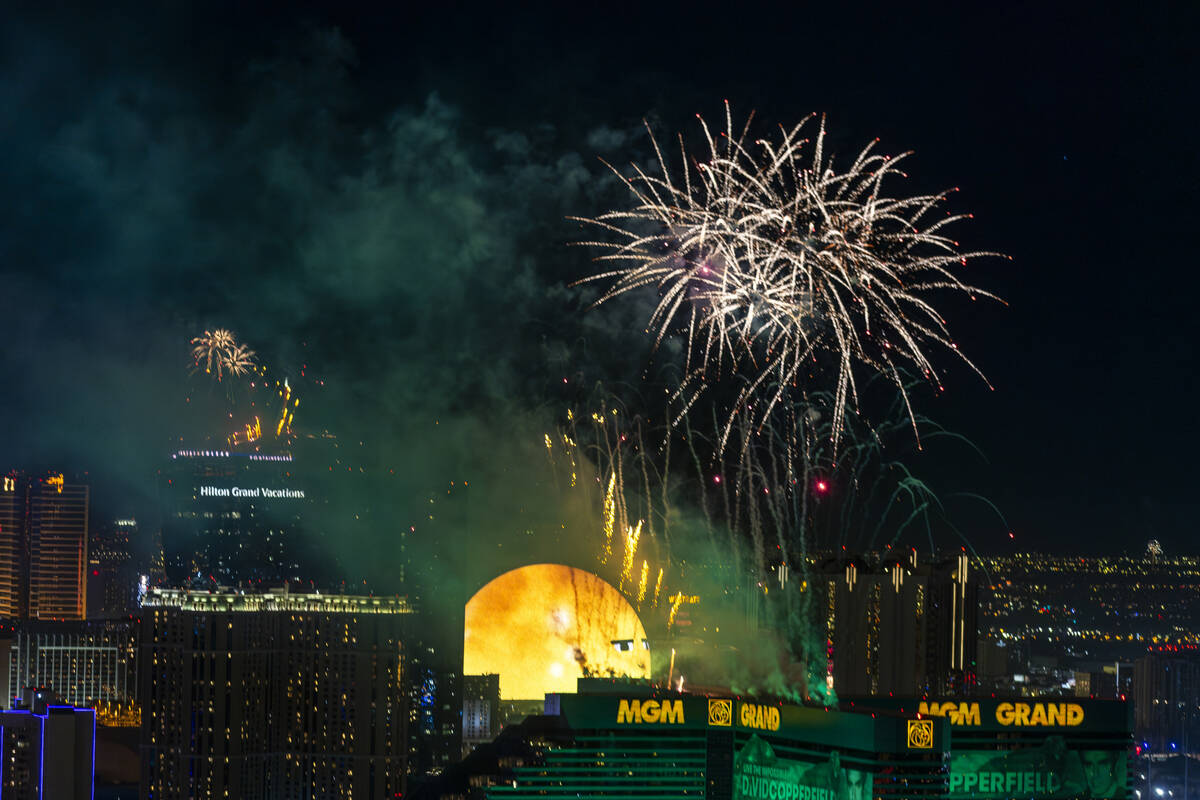 Fireworks erupt over the Sphere and Strip as part of New Year's Eve celebrations across the cit ...