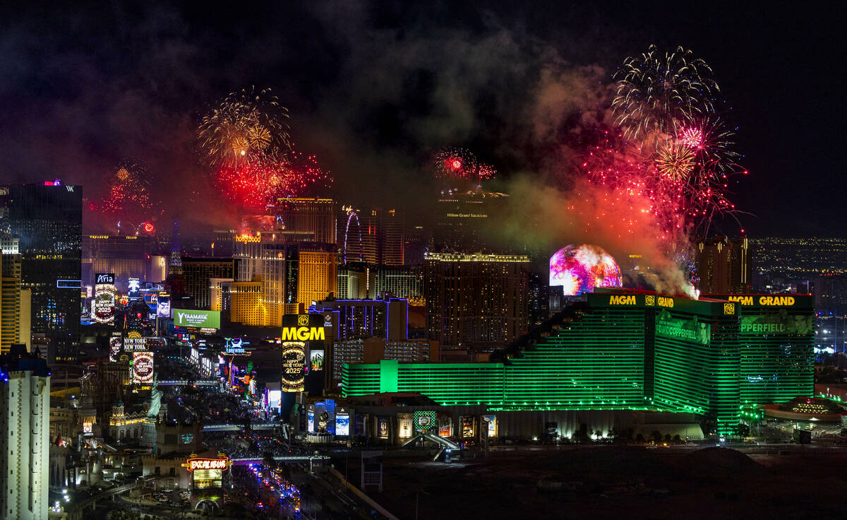 Fireworks erupt over the Strip and Sphere as part of New Year's Eve celebrations across the cit ...