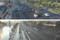 Vehicles use the Las Vegas Strip near Resorts World (top) and Bellagio on Wednesday, Jan. 1, 20 ...