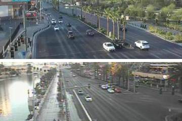 Vehicles use the Las Vegas Strip near Resorts World (top) and Bellagio on Wednesday, Jan. 1, 20 ...