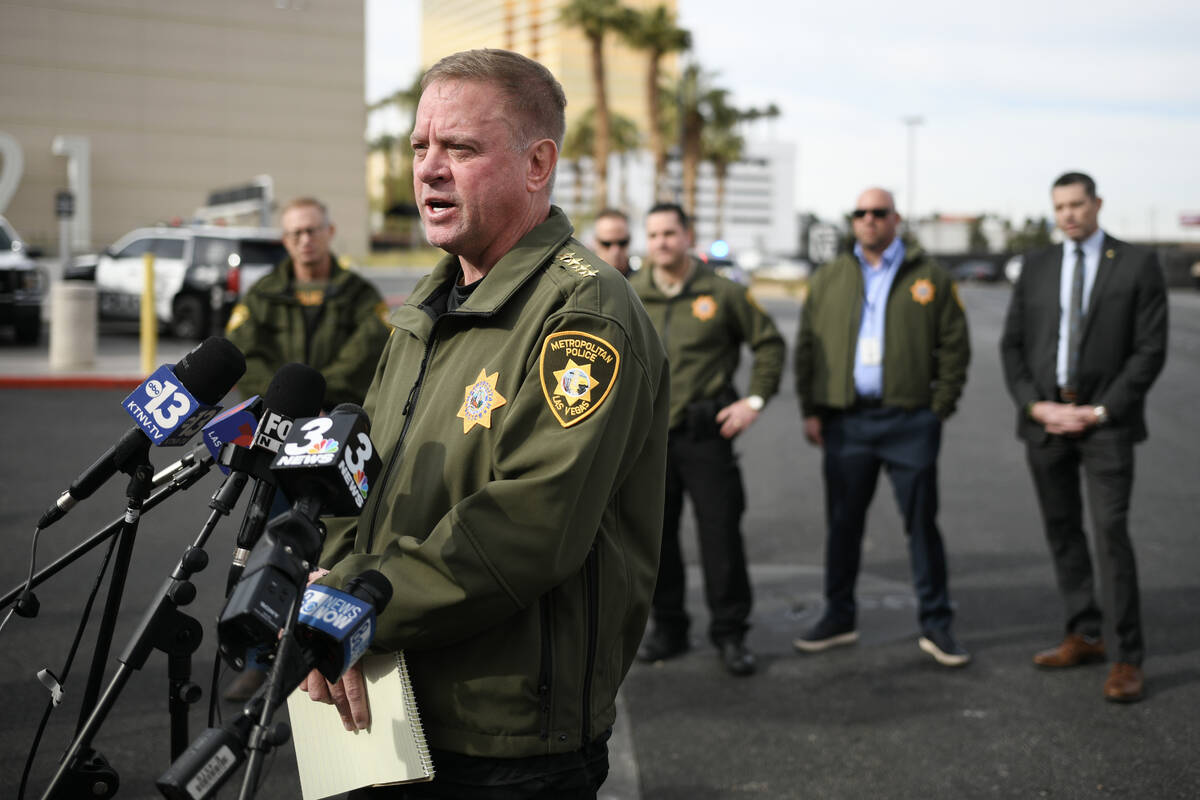 Sheriff Kevin McMahill briefs the media about the fire and explosion of a Tesla Cybertruck outs ...