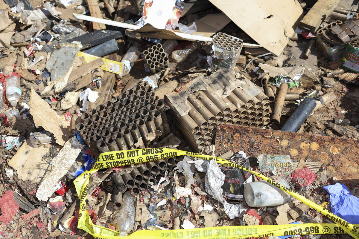 Fireworks debris is seen outside the home where a New Year's Eve fireworks explosion killed and ...