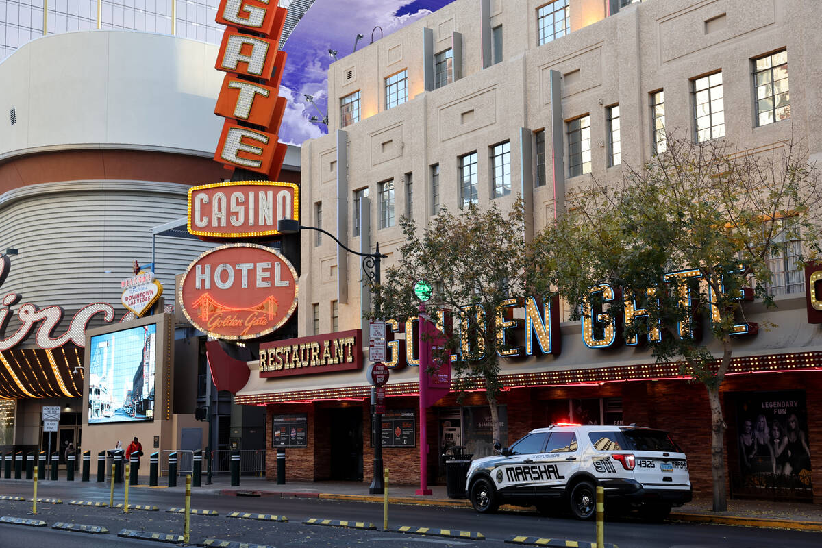 A city of Las Vegas marshal police vehicle is seen with flashing lights at Main Street near the ...