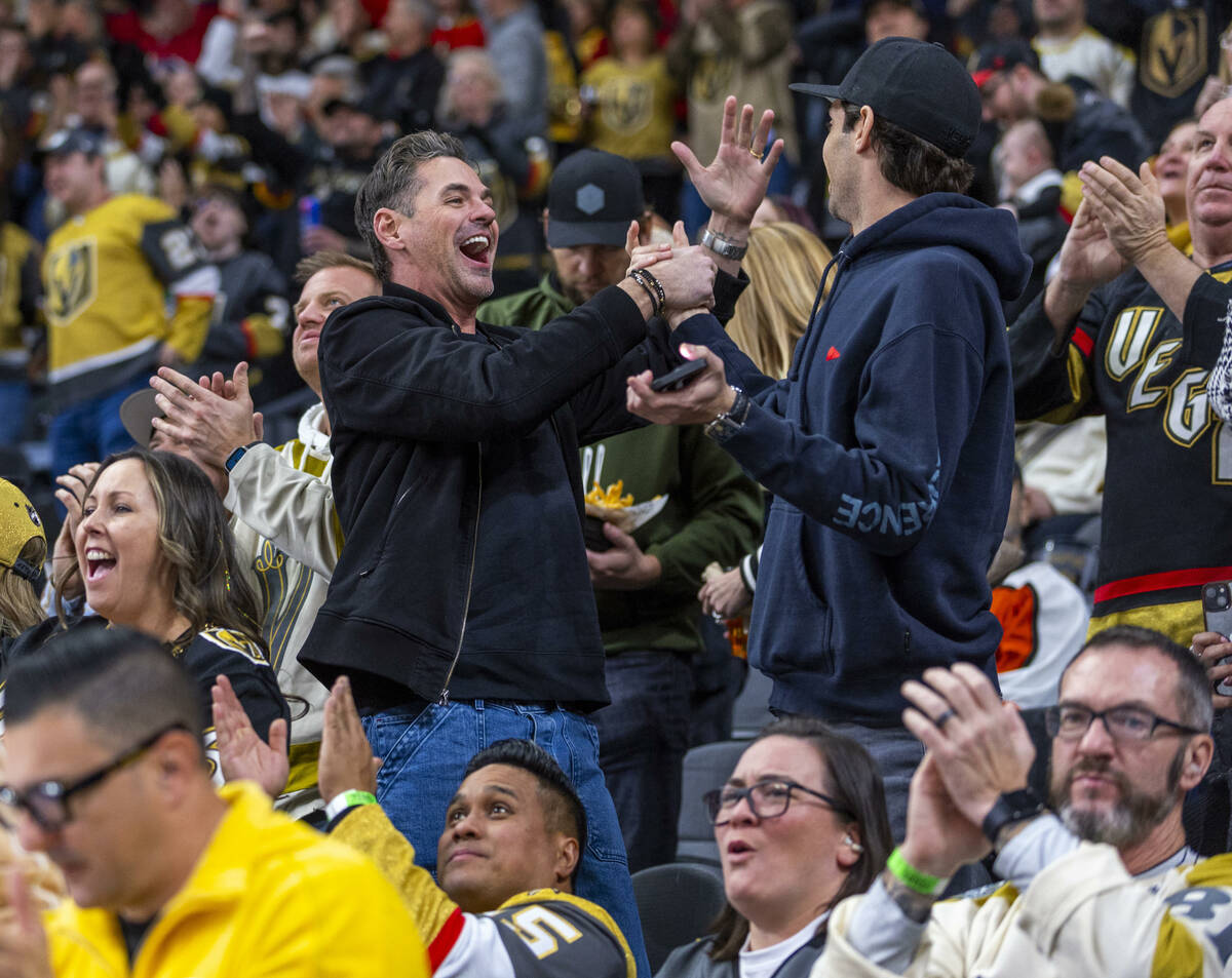 Golden Knights fans celebrate a goal against the Philadelphia Flyers during the second period o ...