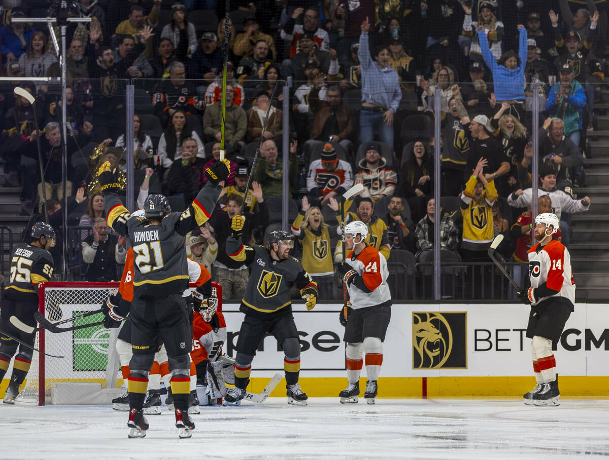 Golden Knights left wing Tanner Pearson (70) and teammates celebrate a goal against the Philade ...