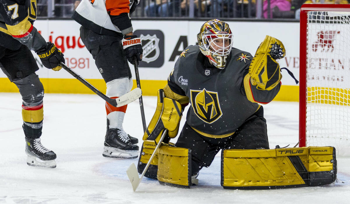 Golden Knights goaltender Ilya Samsonov (35) snags a puck against the Philadelphia Flyers durin ...