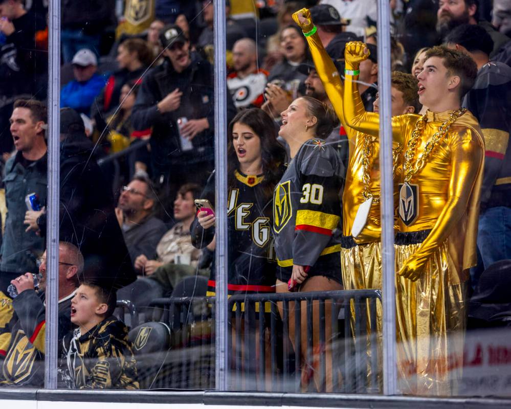 Golden Knights fans celebrate another score against the Philadelphia Flyers during the second p ...