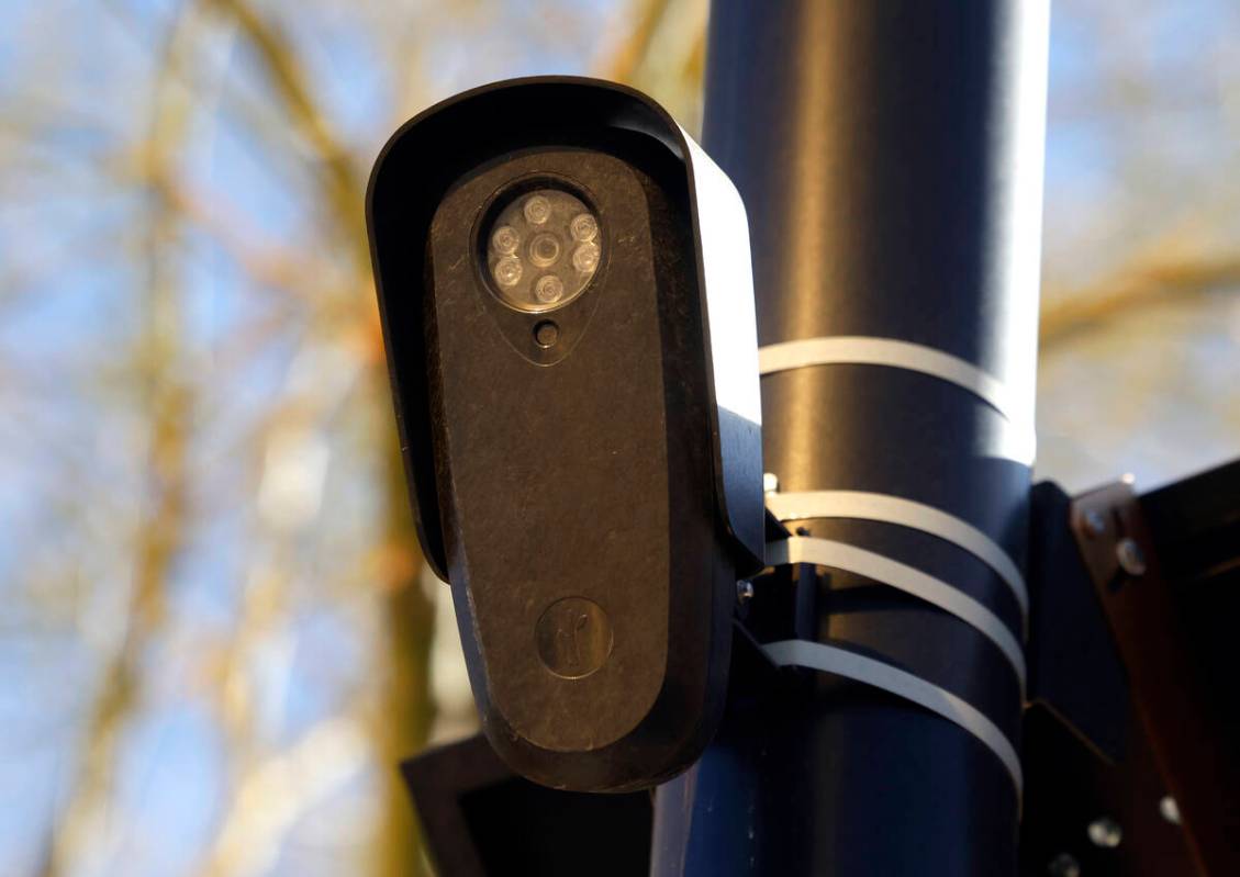 A license plate tracking camera is seen on Desert Inn Road near Trump International Hotel in La ...