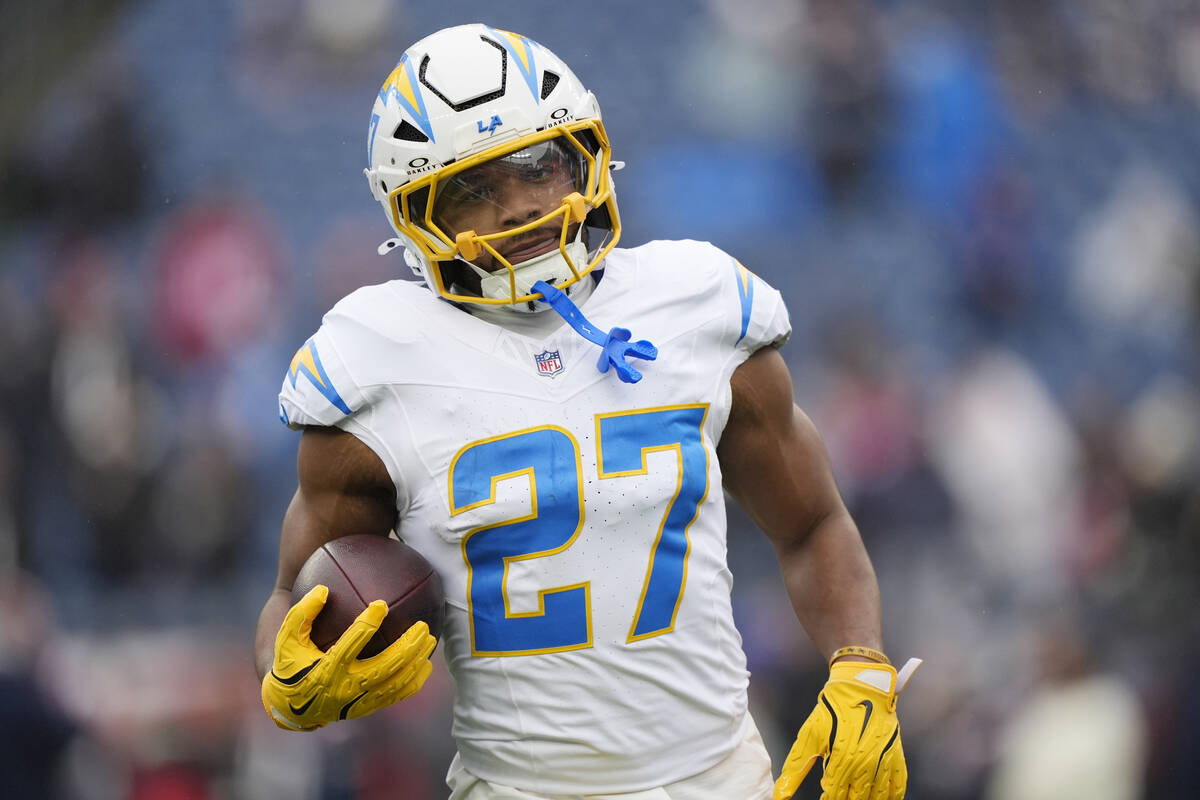 Los Angeles Chargers running back J.K. Dobbins (27) prior to an NFL football game, Saturday, De ...