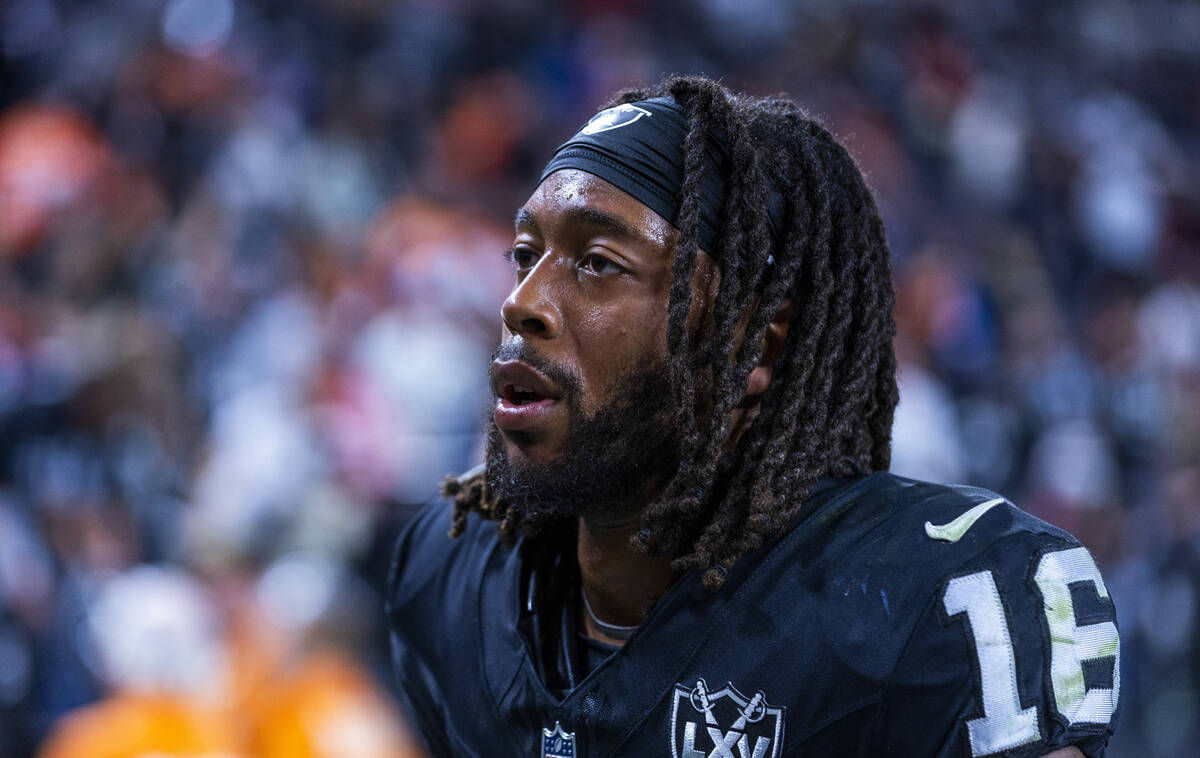 Raiders wide receiver Jakobi Meyers (16) walks off the field after a loss to the Denver Broncos ...