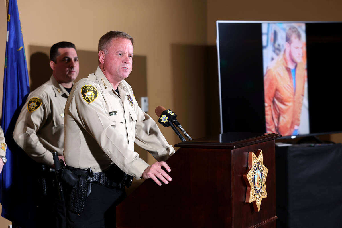 Sheriff Kevin McMahill shows a surveillance photo of Alan Livelsberger, who died in a Tesla Cyb ...