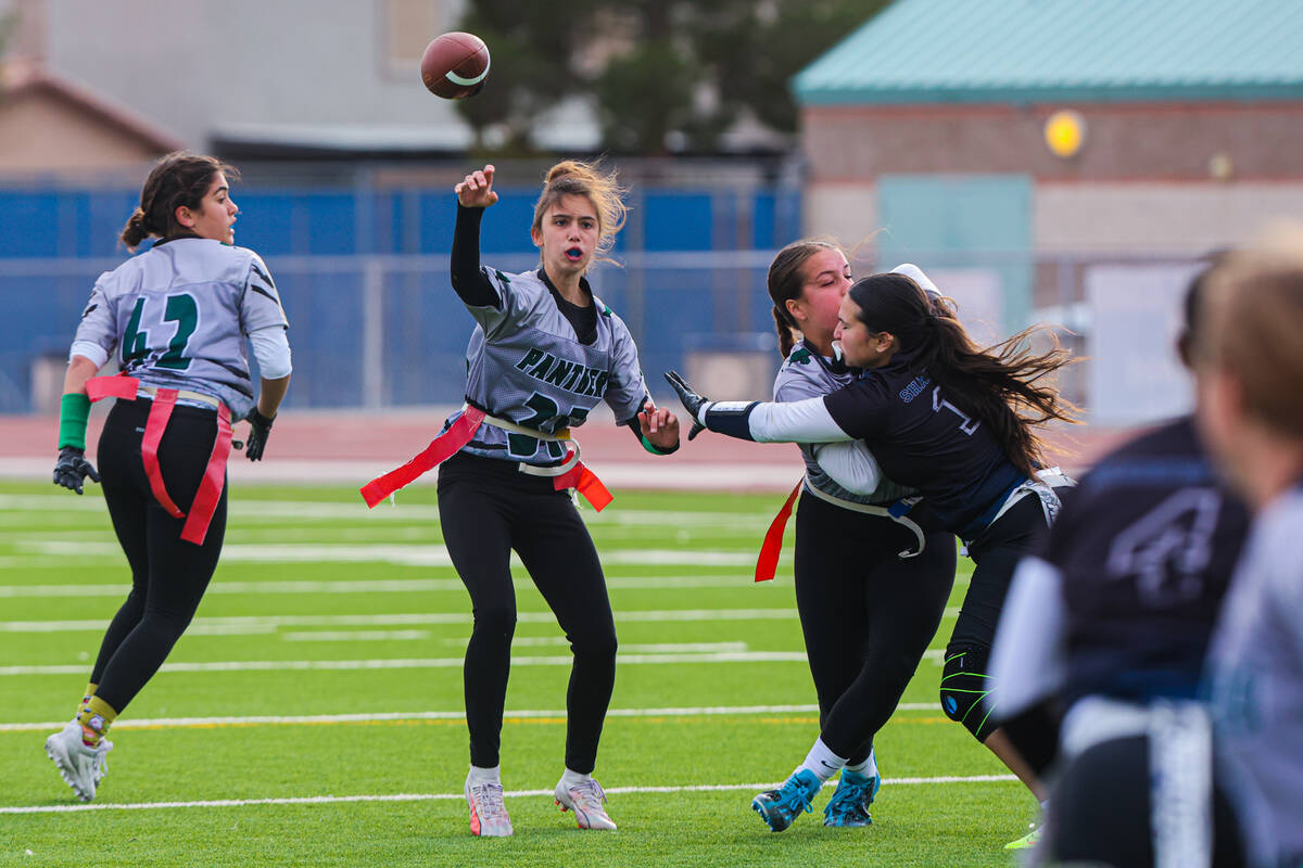 Palo Verde quarterback Yolanda Huff (35) throws the ball during a flag football game between Pa ...