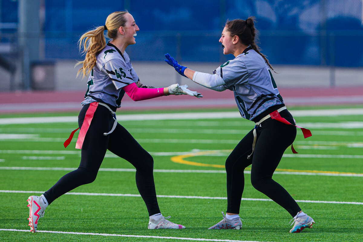 Palo Verde teammates celebrate during a flag football game between Palo Verde and Shadow Ridge ...