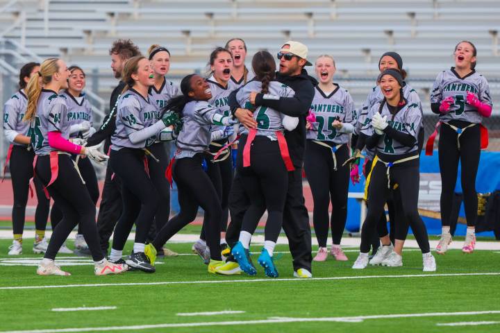 Palo Verde players celebrate during a flag football game between Palo Verde and Shadow Ridge at ...