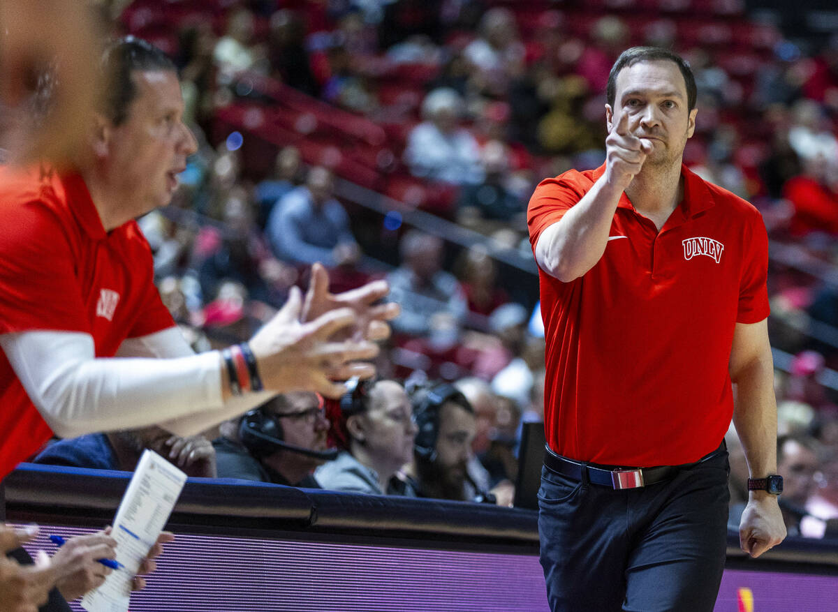 UNLV head coach Kevin Kruger is impressed by a late rebound against the San Jose State Spartans ...