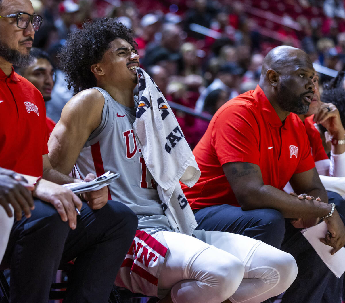 UNLV guard Brooklyn Hicks (13) is in discomfort on the bench as the San Jose State Spartans bri ...