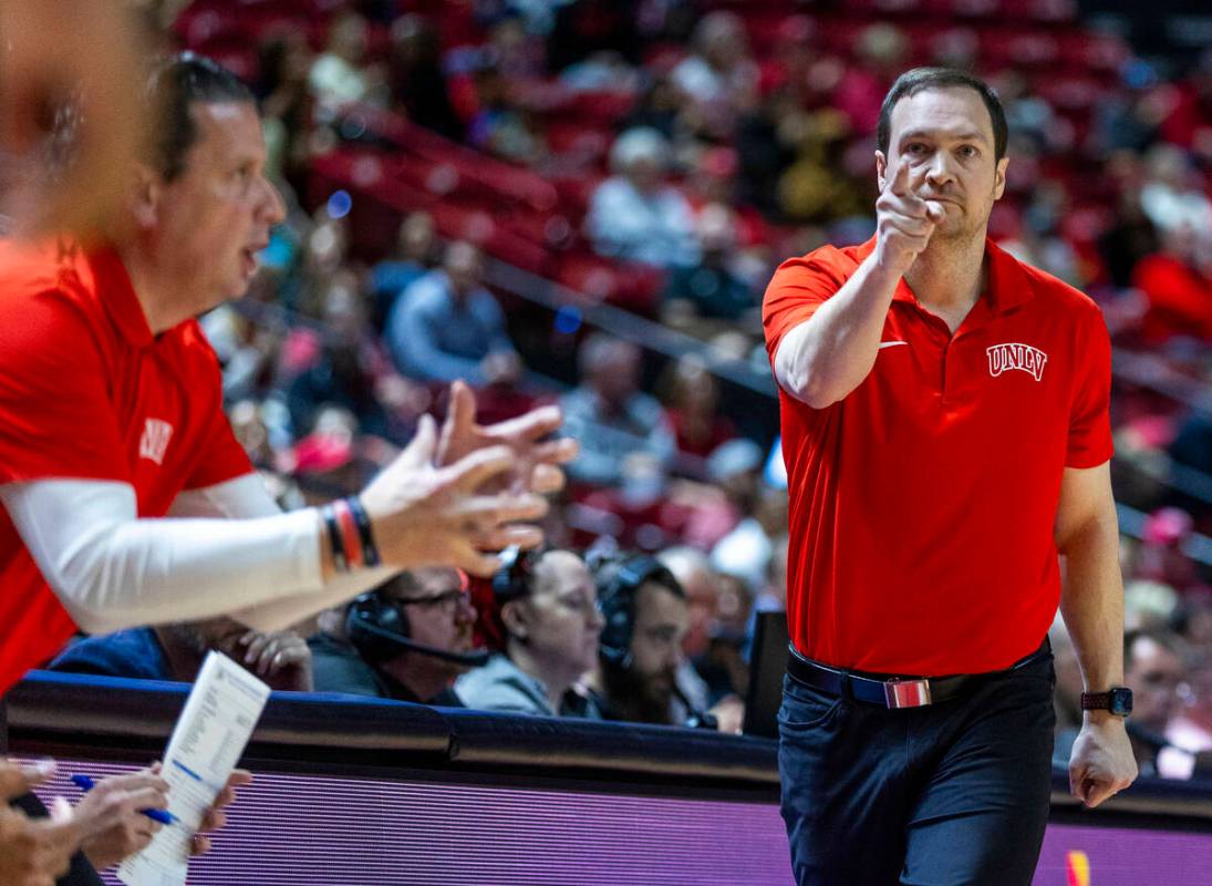 UNLV head coach Kevin Kruger is impressed by a late rebound against the San Jose State Spartans ...