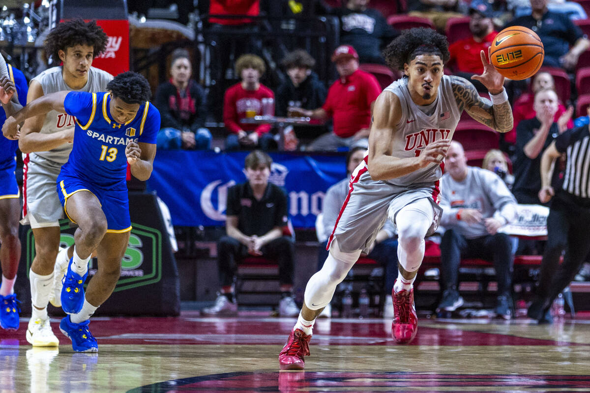 UNLV guard Brooklyn Hicks (13) breaks away after a steal against San Jose State Spartans guard ...