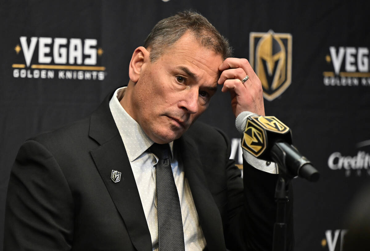 Vegas Golden Knights coach Bruce Cassidy speaks at a news conference after an NHL hockey game a ...