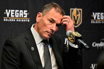 Vegas Golden Knights coach Bruce Cassidy speaks at a news conference after an NHL hockey game a ...